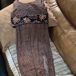 Sleeveless Navy and Tan Printed Maxi Dress with Floral Waistband